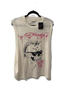 Ed Hardy NWT Punks Not Dead Skull Muscle Tank Top White Size Large